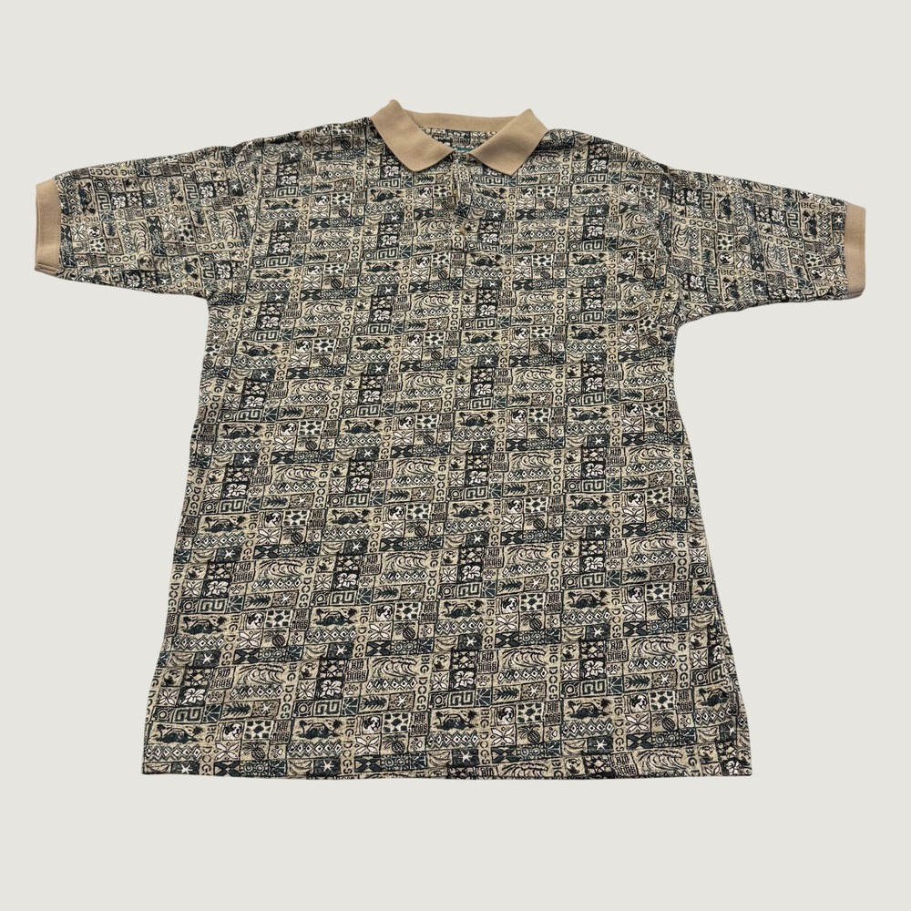 Big Dogs Polo Shirt Mens Large Tan Green Black Tropical Geometric Cotton Print